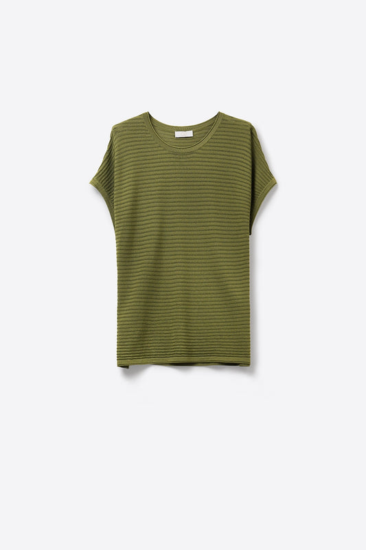 Ribbed knitted Short Sleeve sweater in olive green