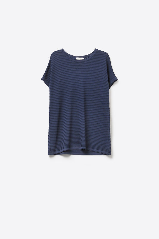 Navy Textured Short Sleeve Relaxed sweater