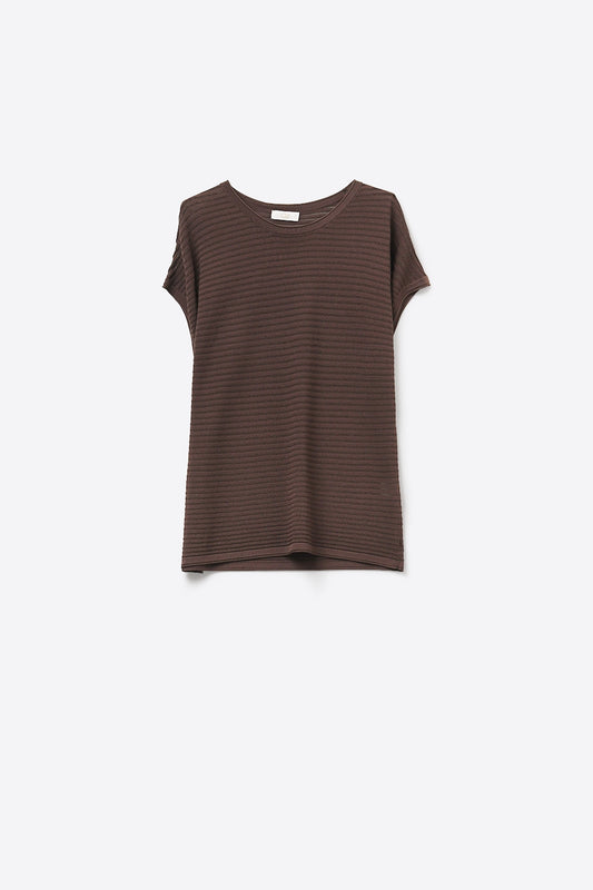 Brown Ribbed Knit Short Sleeve Relaxed sweater