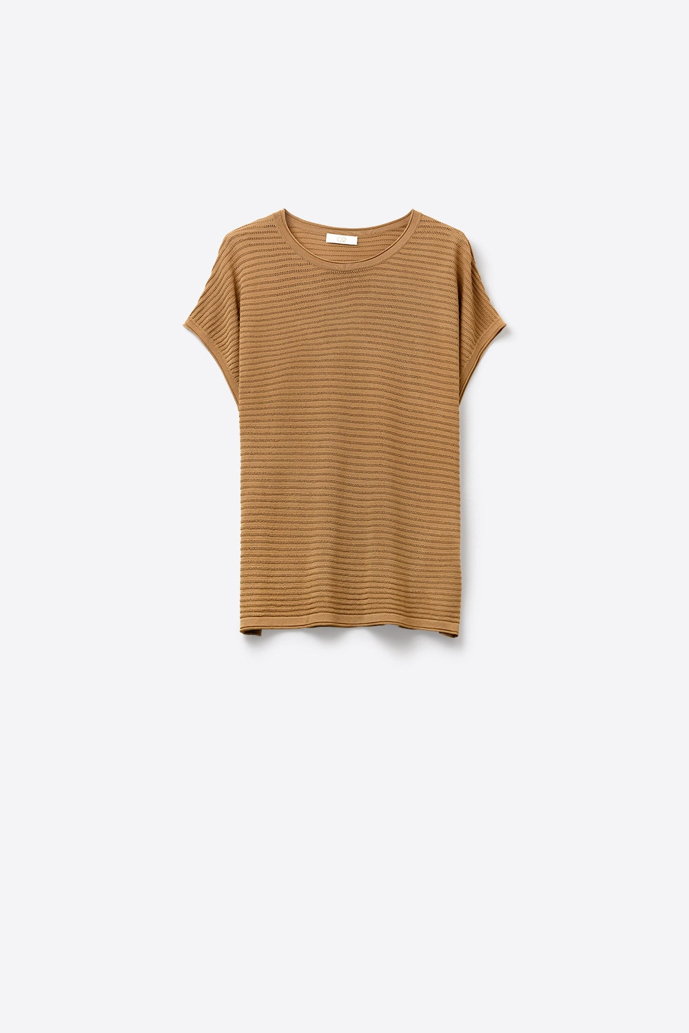 Camel Ribbed Knit Short Sleeve Sweater