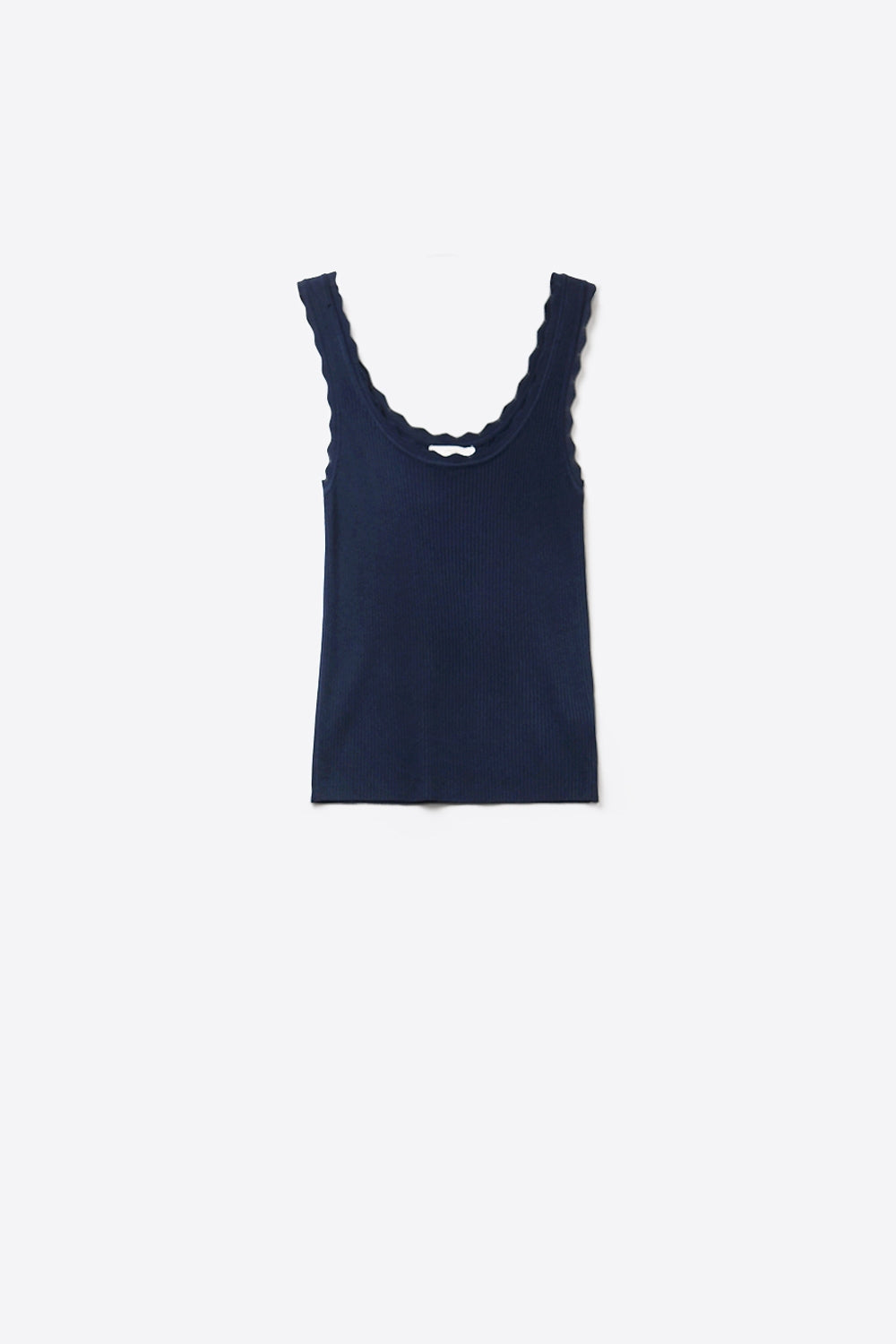 Navy Ribbed Knit Tank with Scalloped Neckline