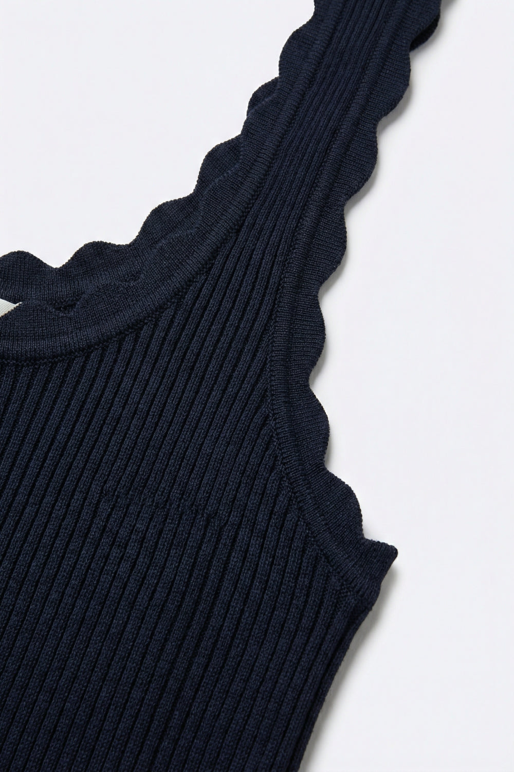 Navy Ribbed Knit Tank with Scalloped Neckline