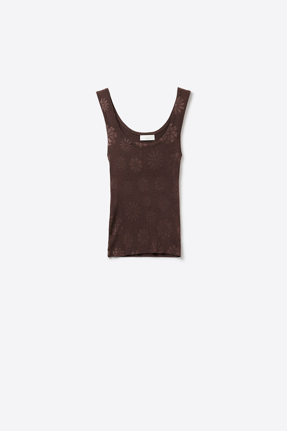 Brown Ribbed Knit Floral Scoop Neck Tank Top