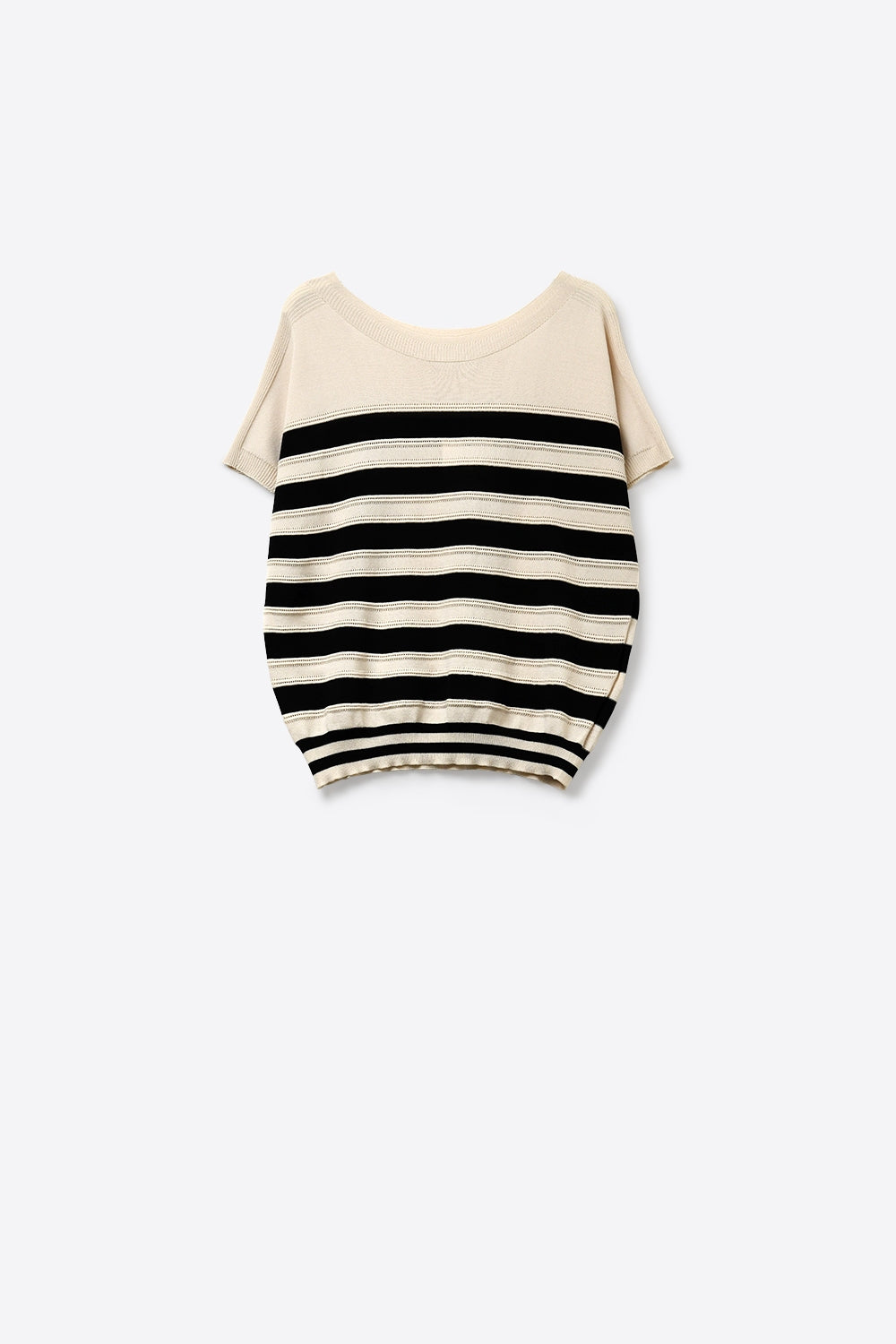 beige and Black Striped Short Sleeve Knit sweater