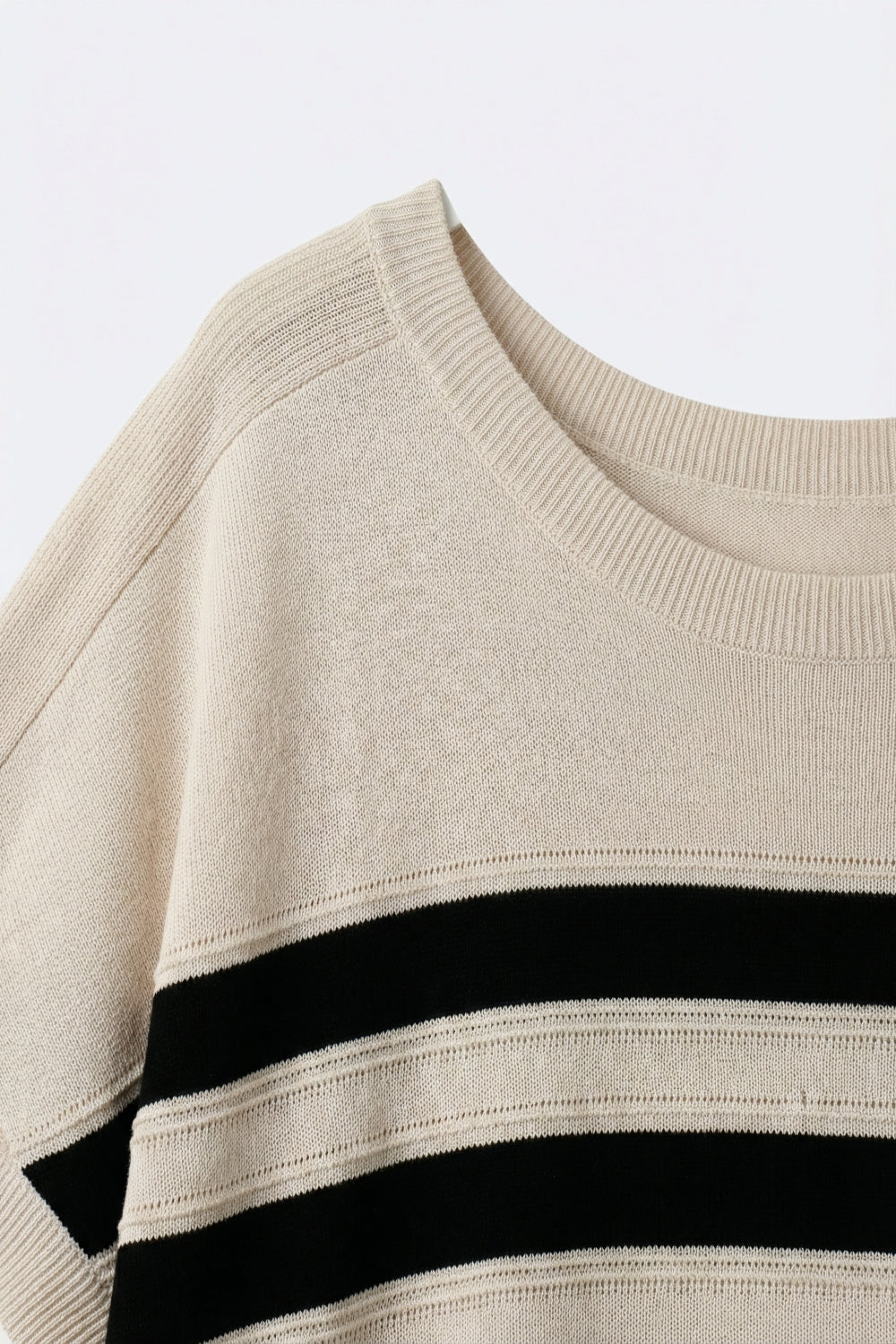 beige and Black Striped Short Sleeve Knit sweater