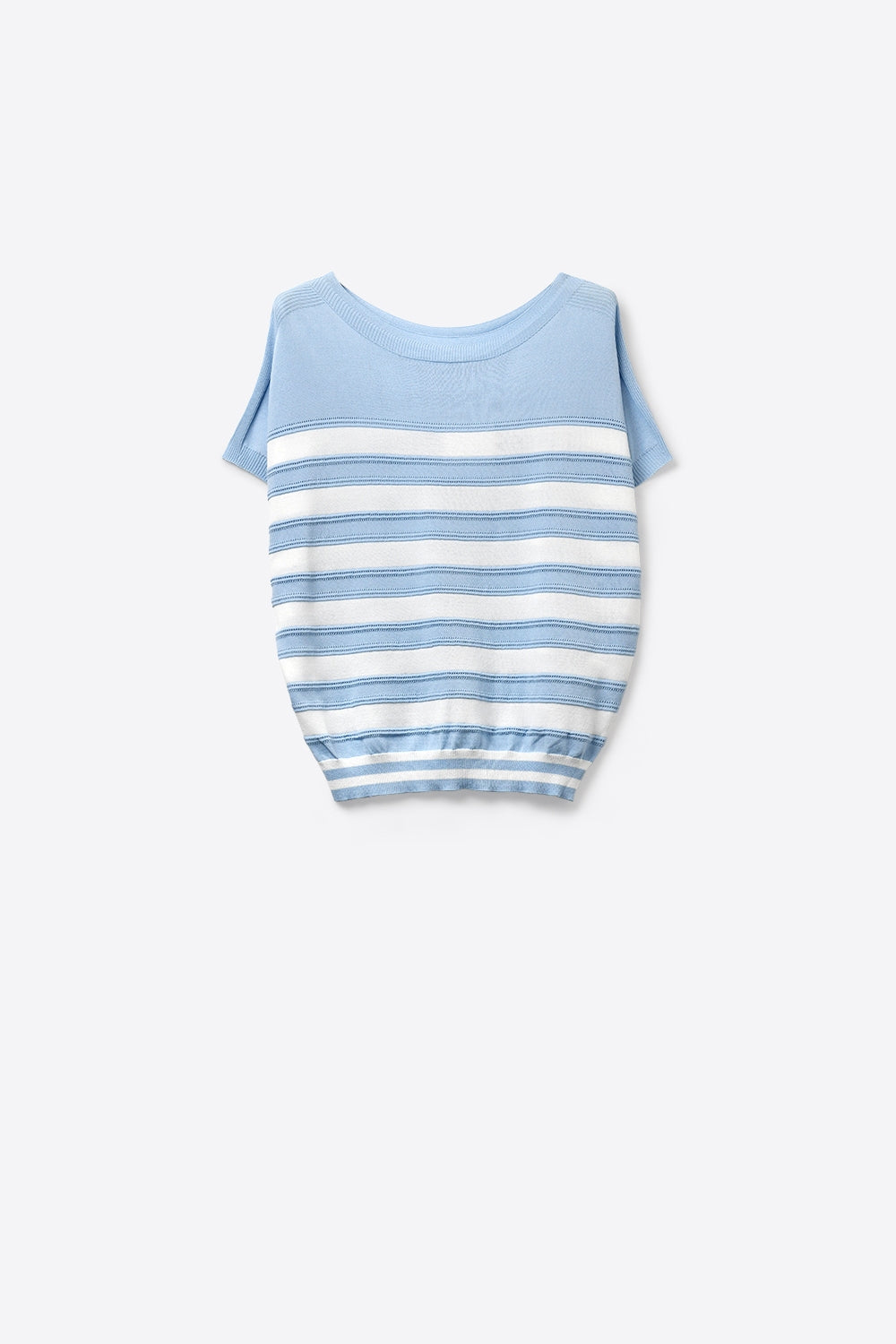 Light Blue Striped Knit Short Sleeve Sweater