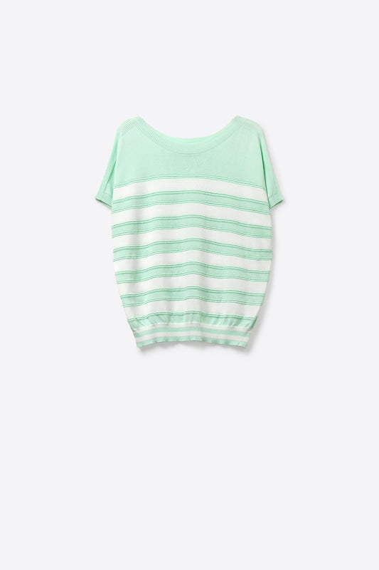 Mint Green Striped Knit Short Sleeve Sweater
