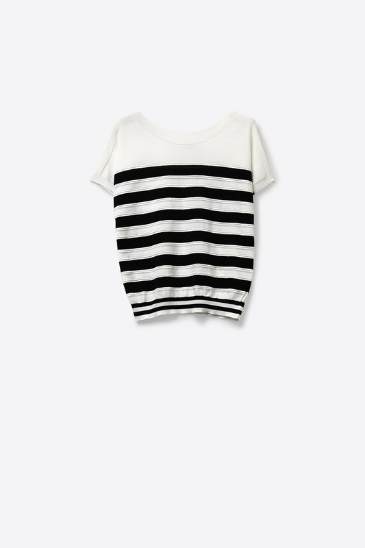 White and Black Striped Knit sweater in boat neckline
