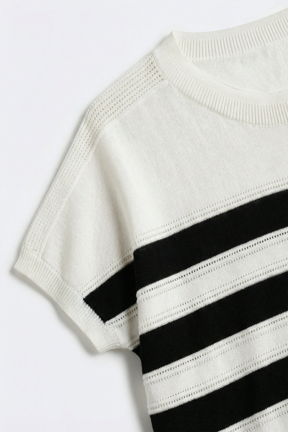White and Black Striped Knit sweater in boat neckline