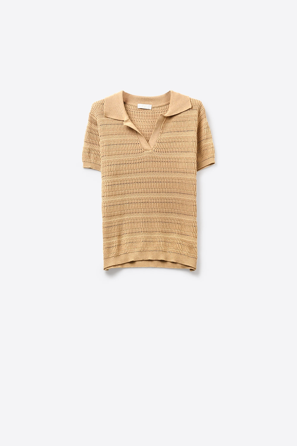 Camel Textured Knit Polo with V-Neck Collar - jumper