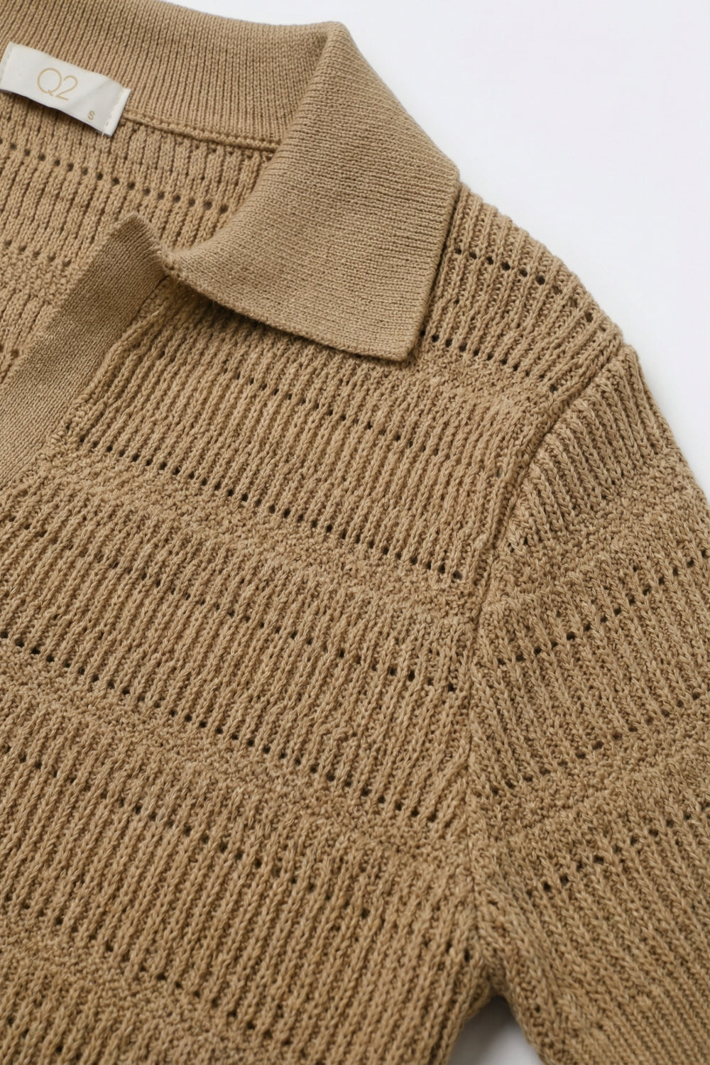 Camel Textured Knit Polo with V-Neck Collar - jumper