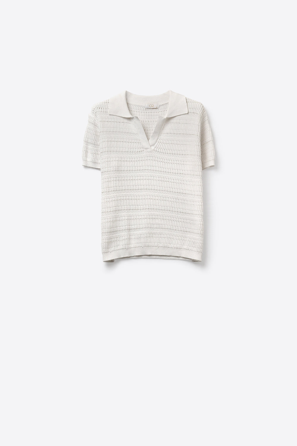 White polo shirt with short sleeves and open-knit pattern