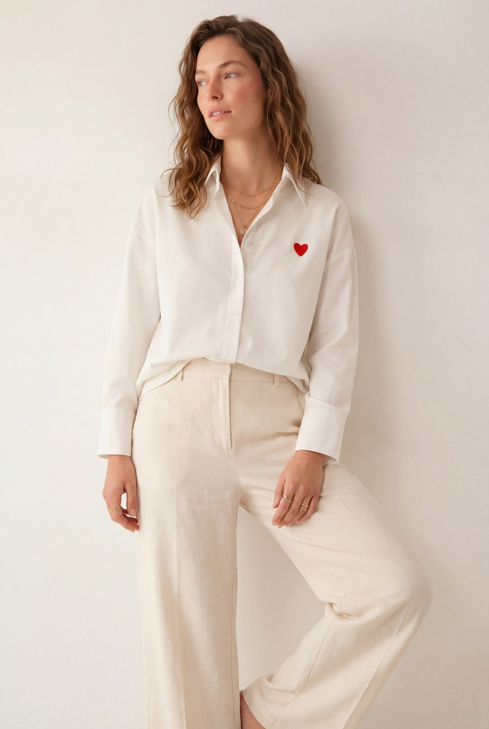 white Oxford Cotton Shirt with Embroidered red Heart Detail - Shirts