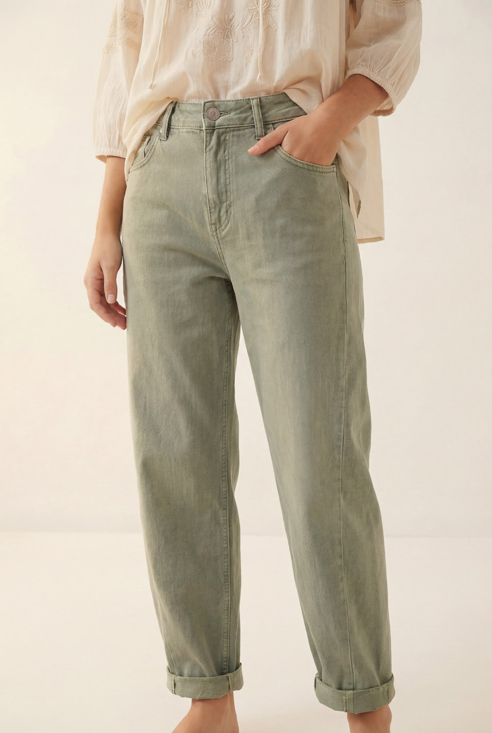 High-Rise Barrel-Leg Pants in Soft khaki color - Coloured Jeans
