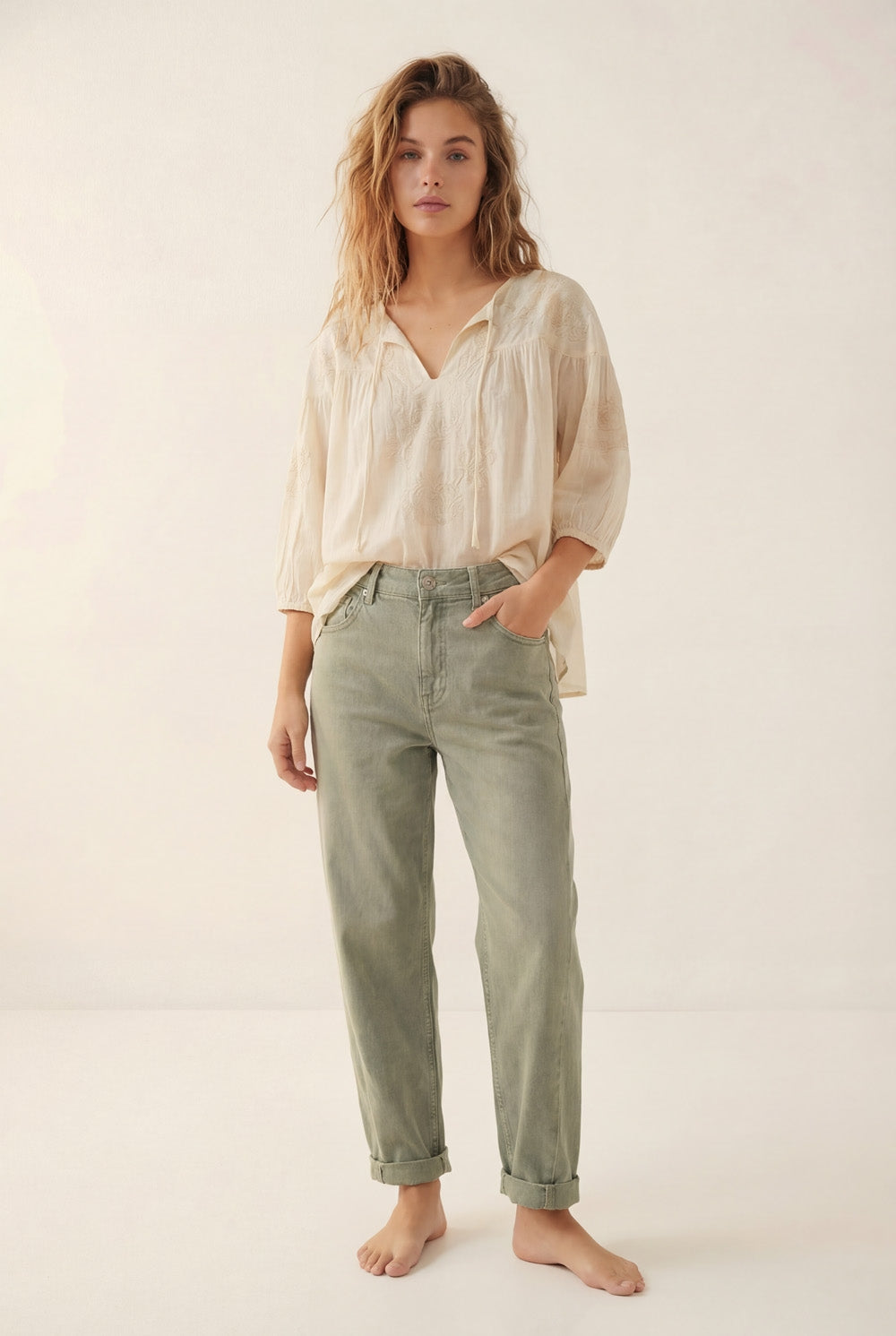 High-Rise Barrel-Leg Pants in Soft khaki color - Coloured Jeans