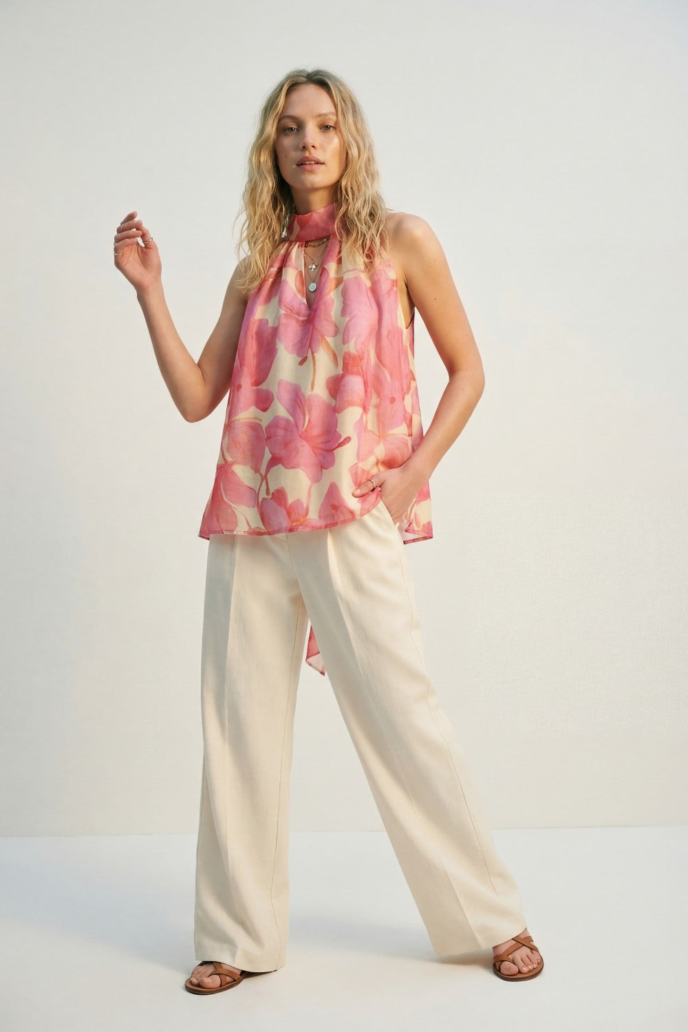 Pink Floral Soft Chiffon Halter Top