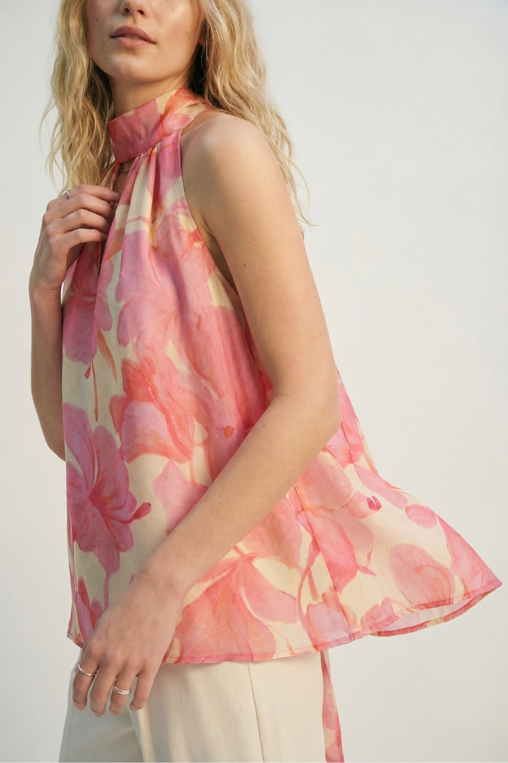 Pink Floral Soft Chiffon Halter Top