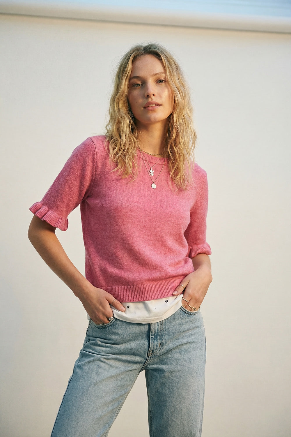 Pink Soft fluffy Knit sweater with Ruffled Sleeve Detail