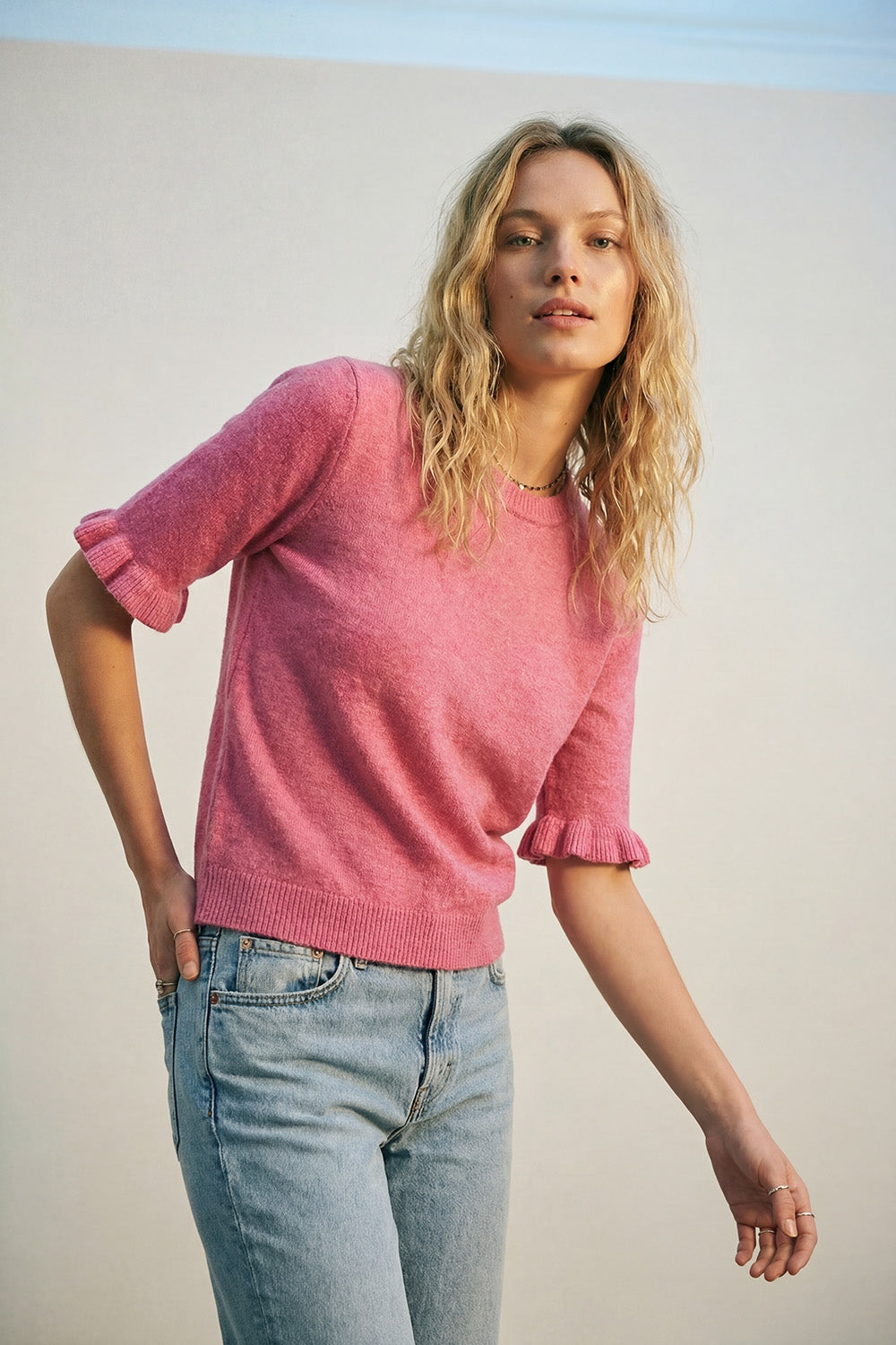 Pink Soft fluffy Knit sweater with Ruffled Sleeve Detail