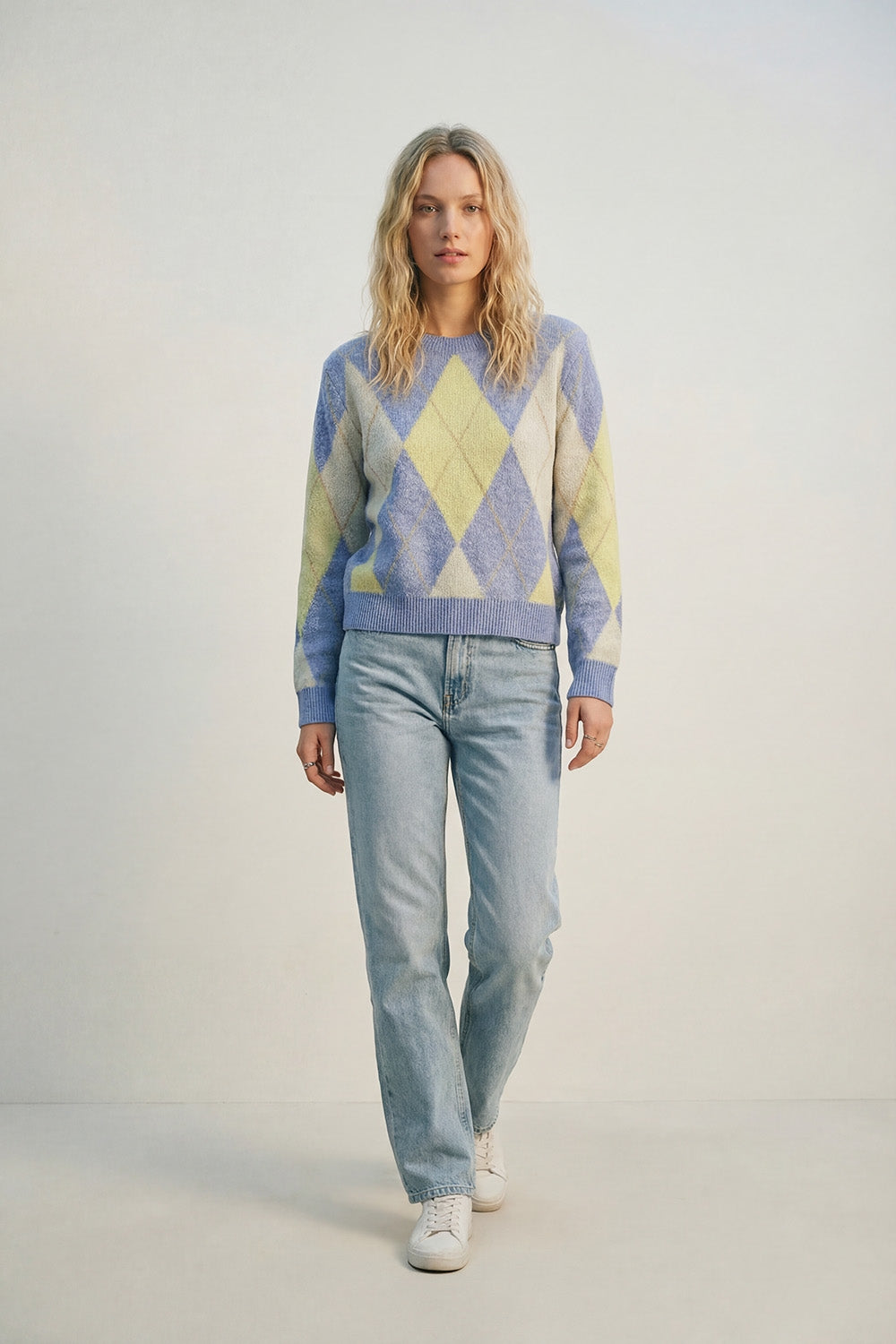 Blue and yellow diamond patterned sweater in soft fluffy knit