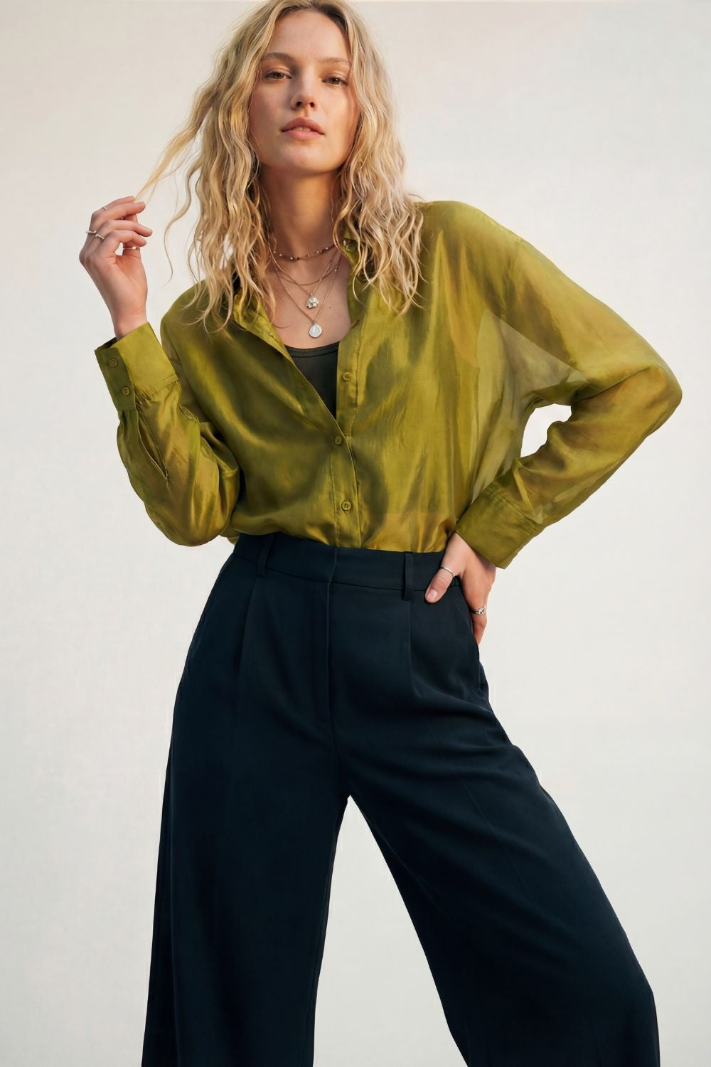 shiny satin Shirt with Relaxed Fit in olive color - Shirts