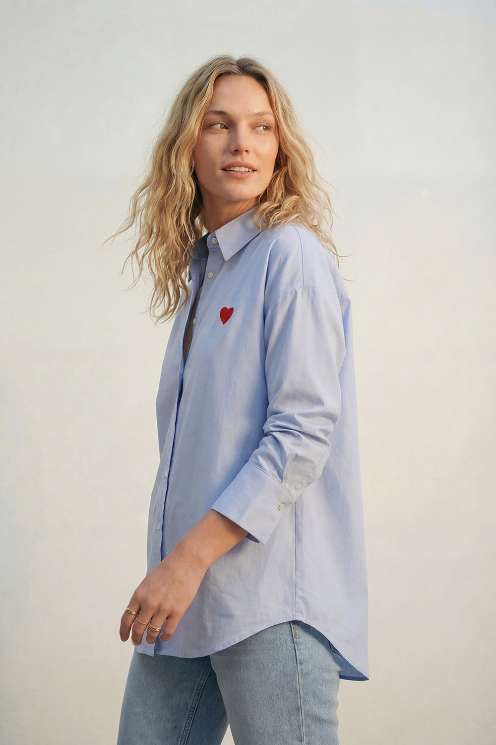 blue Oxford Cotton Shirt with Embroidered red Heart Detail - Shirts
