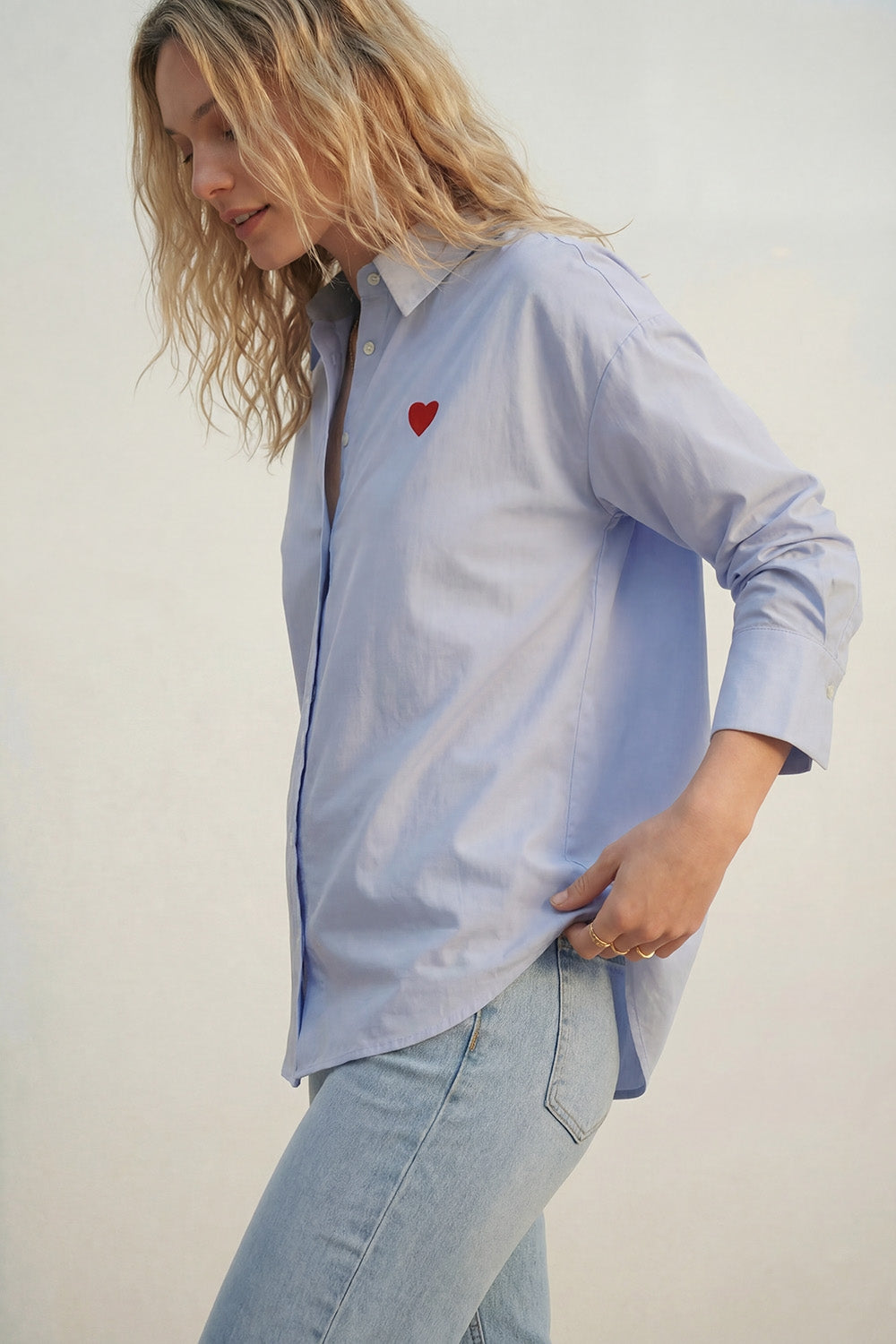 blue Oxford Cotton Shirt with Embroidered red Heart Detail - Shirts