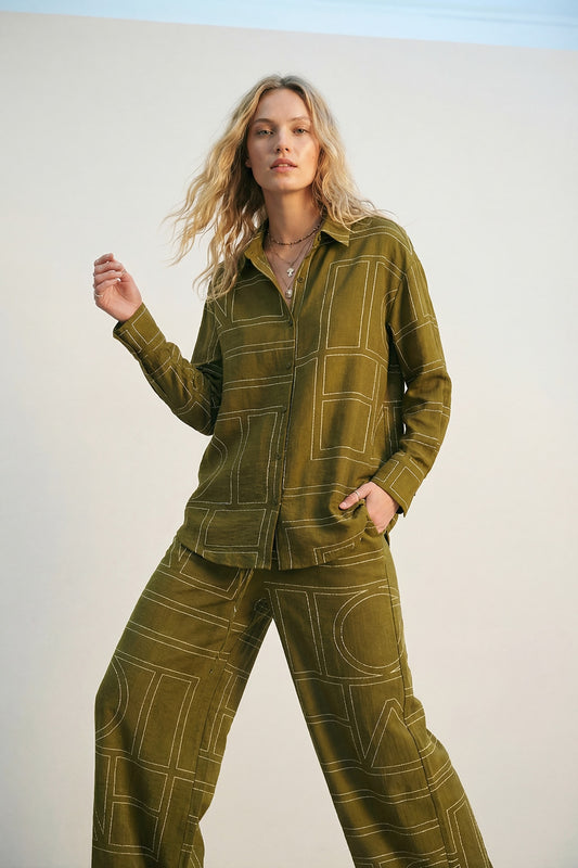 Olive Fine Fluid-Fabric Shirt with Graphic Print - Shirts