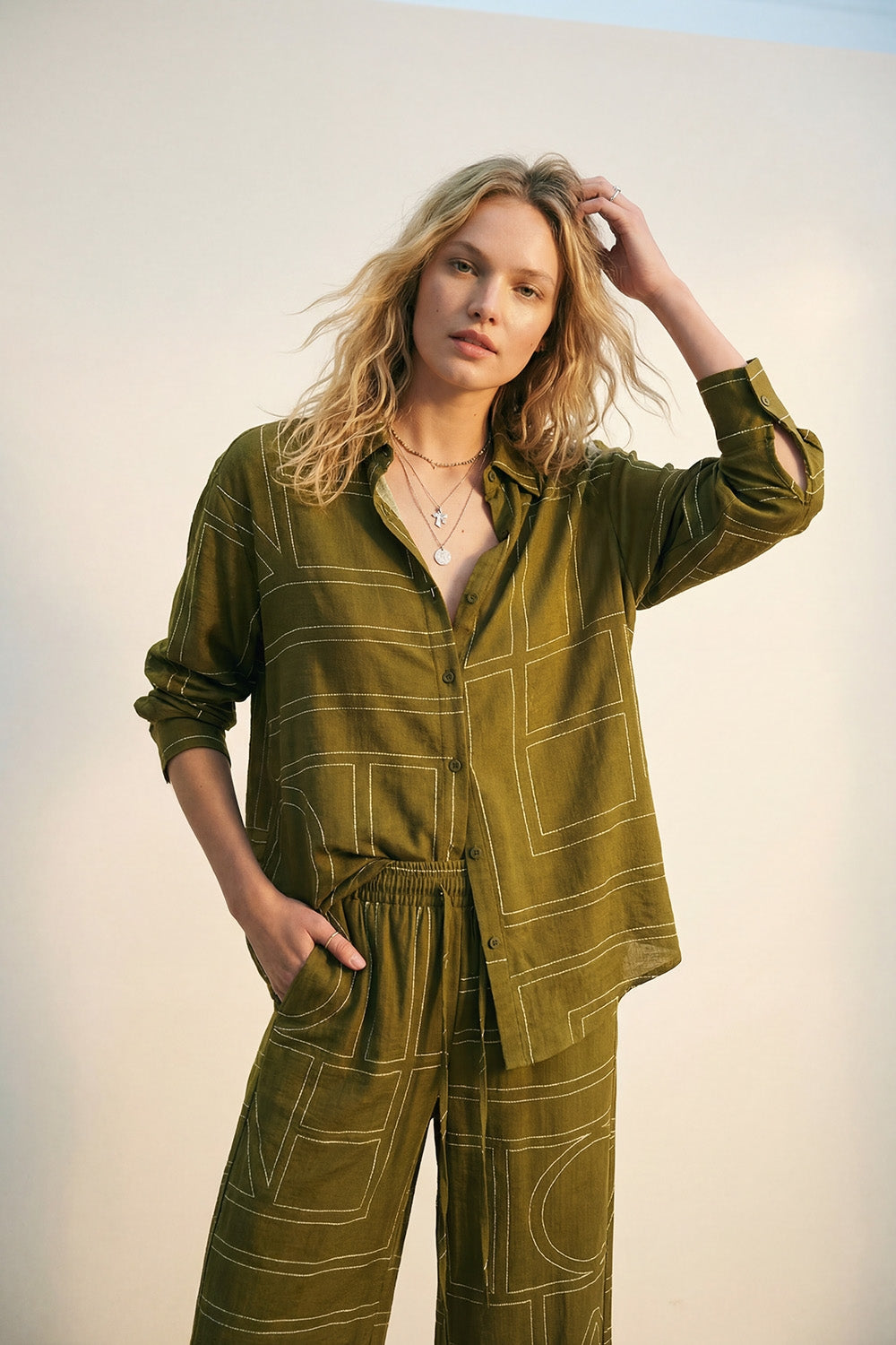 Olive Fine Fluid-Fabric Shirt with Graphic Print - Shirts
