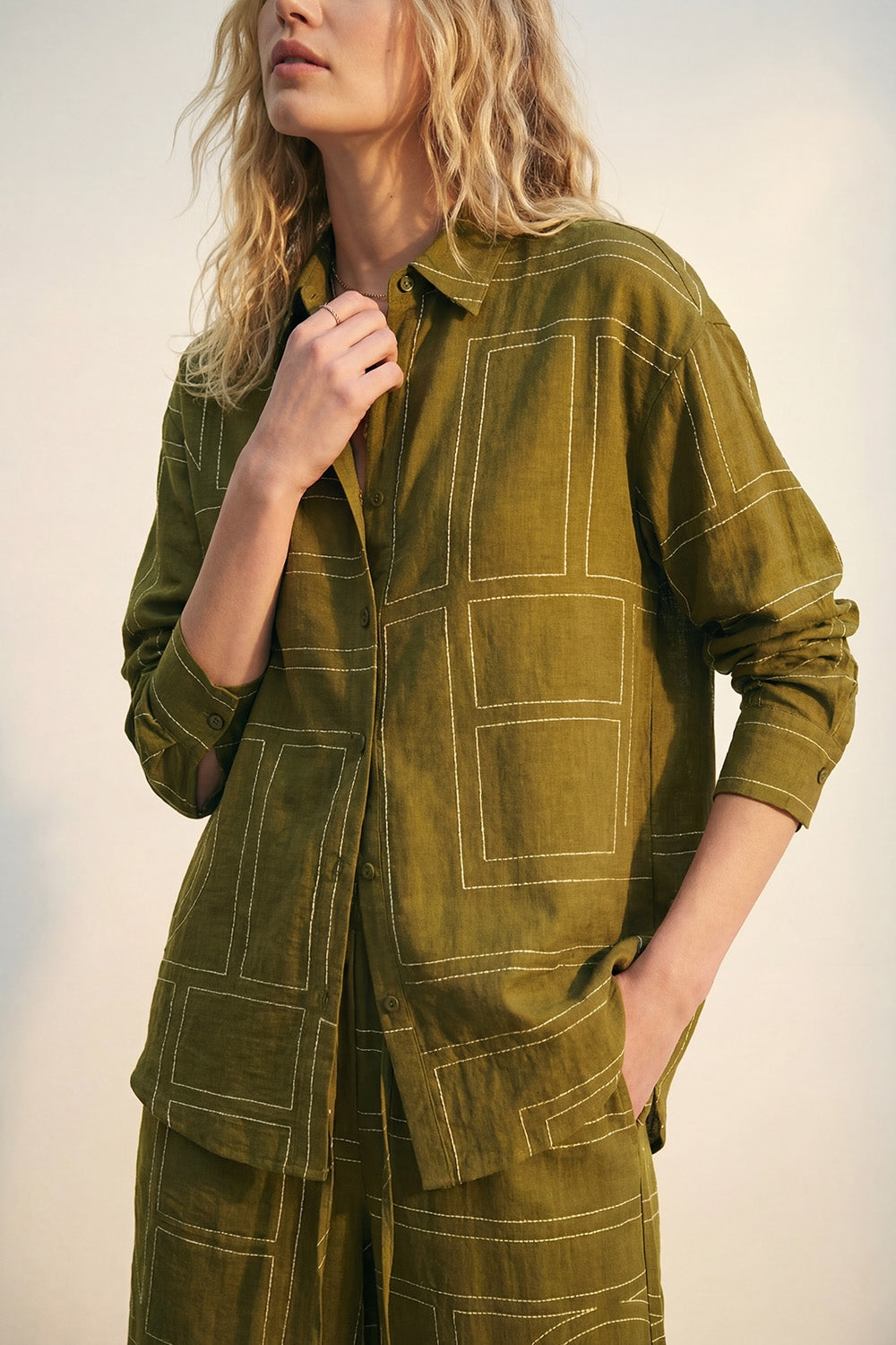 Olive Fine Fluid-Fabric Shirt with Graphic Print - Shirts