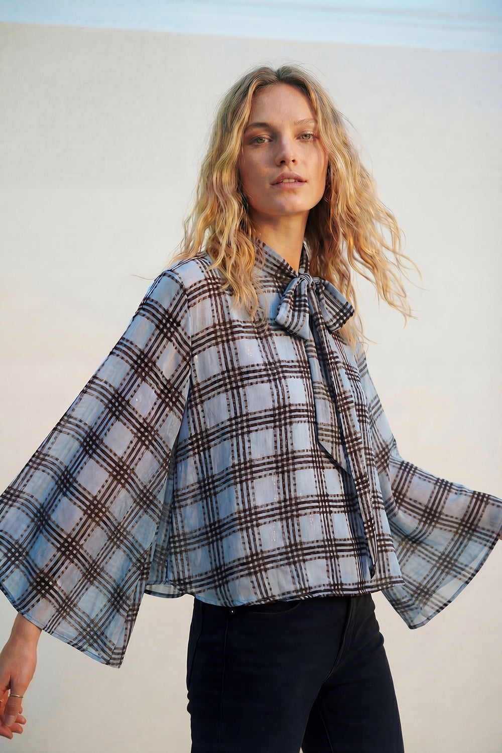 blue Chiffon Blouse with Check Print with Wide Sleeves and Neck Tie - top