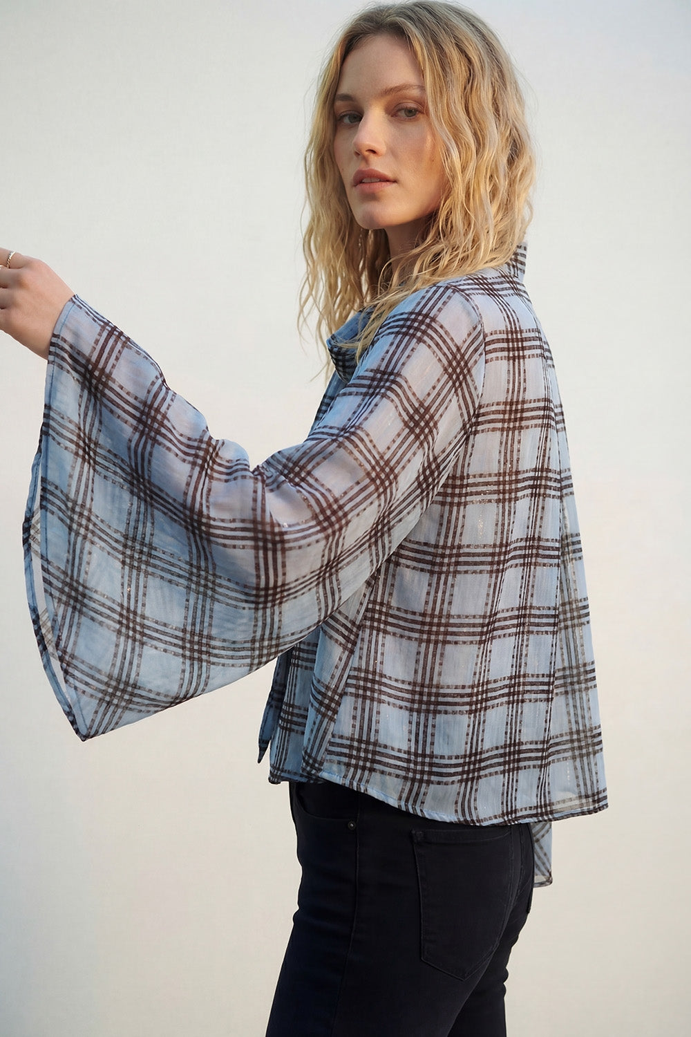 blue Chiffon Blouse with Check Print with Wide Sleeves and Neck Tie - top
