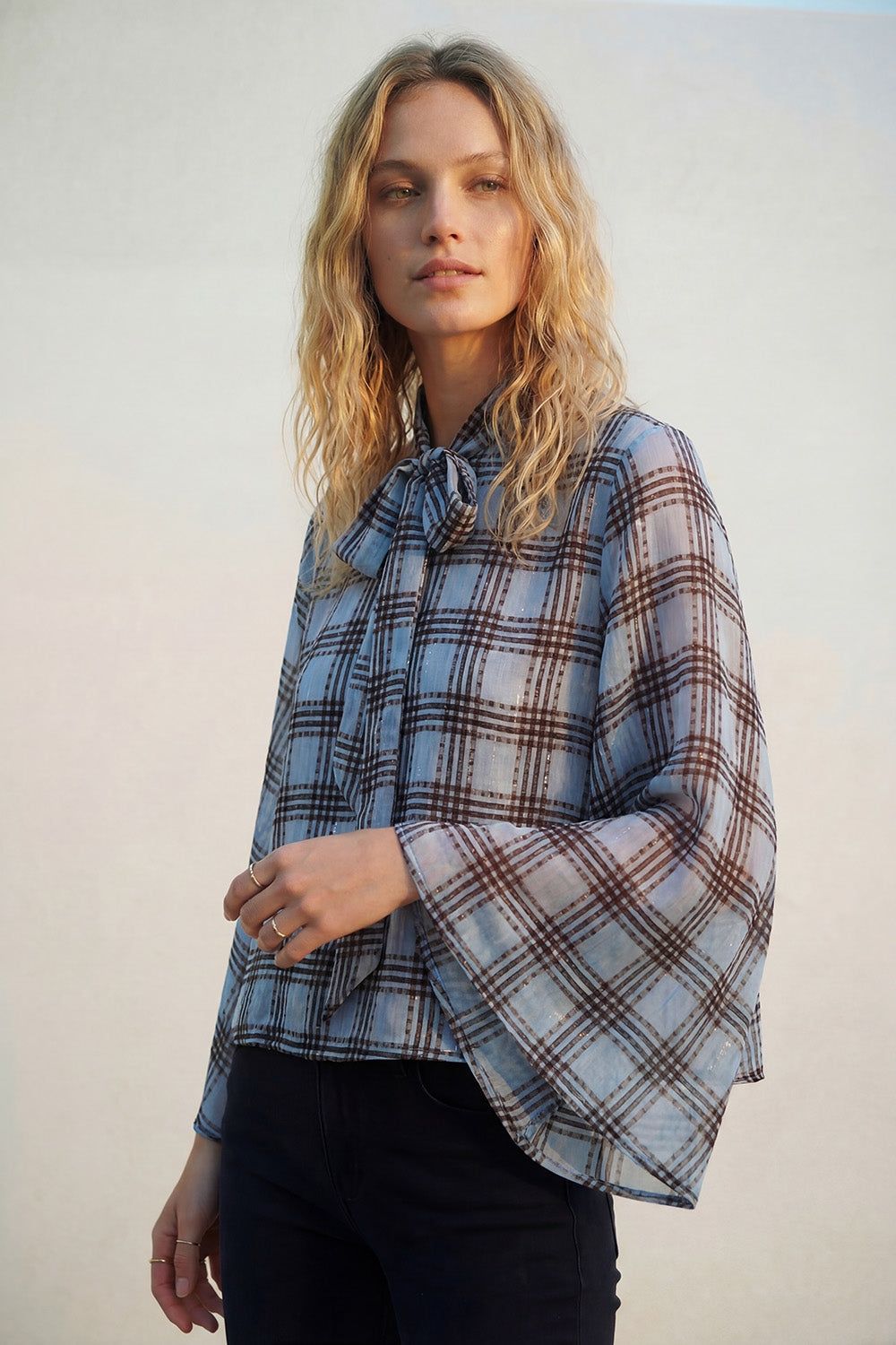 blue Chiffon Blouse with Check Print with Wide Sleeves and Neck Tie - top