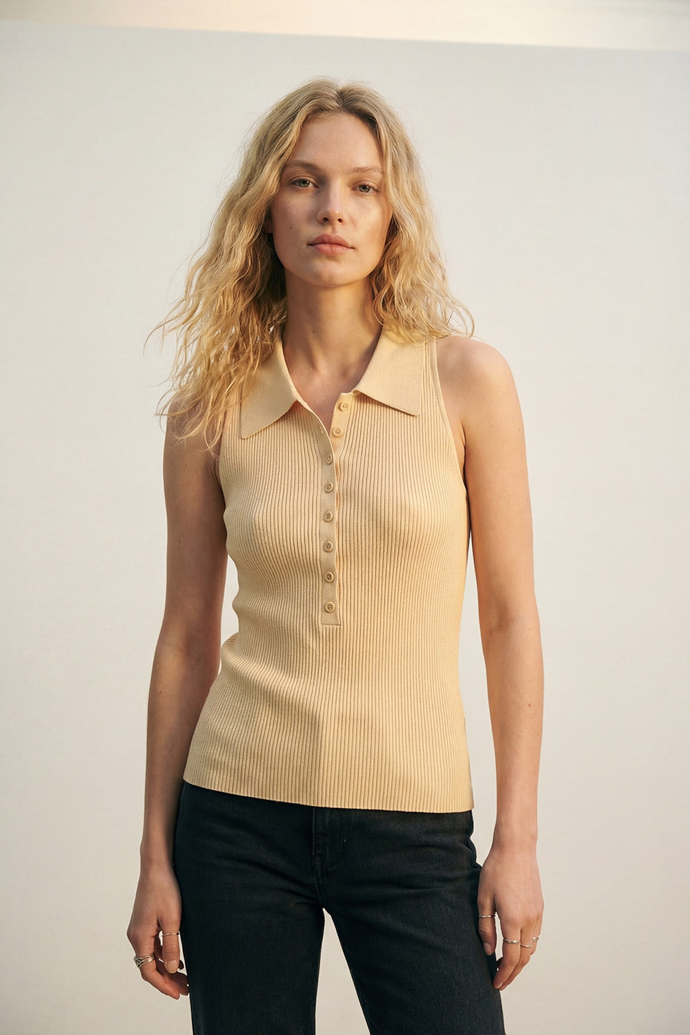 Ribbed knitted top with polo neck in butter yellow