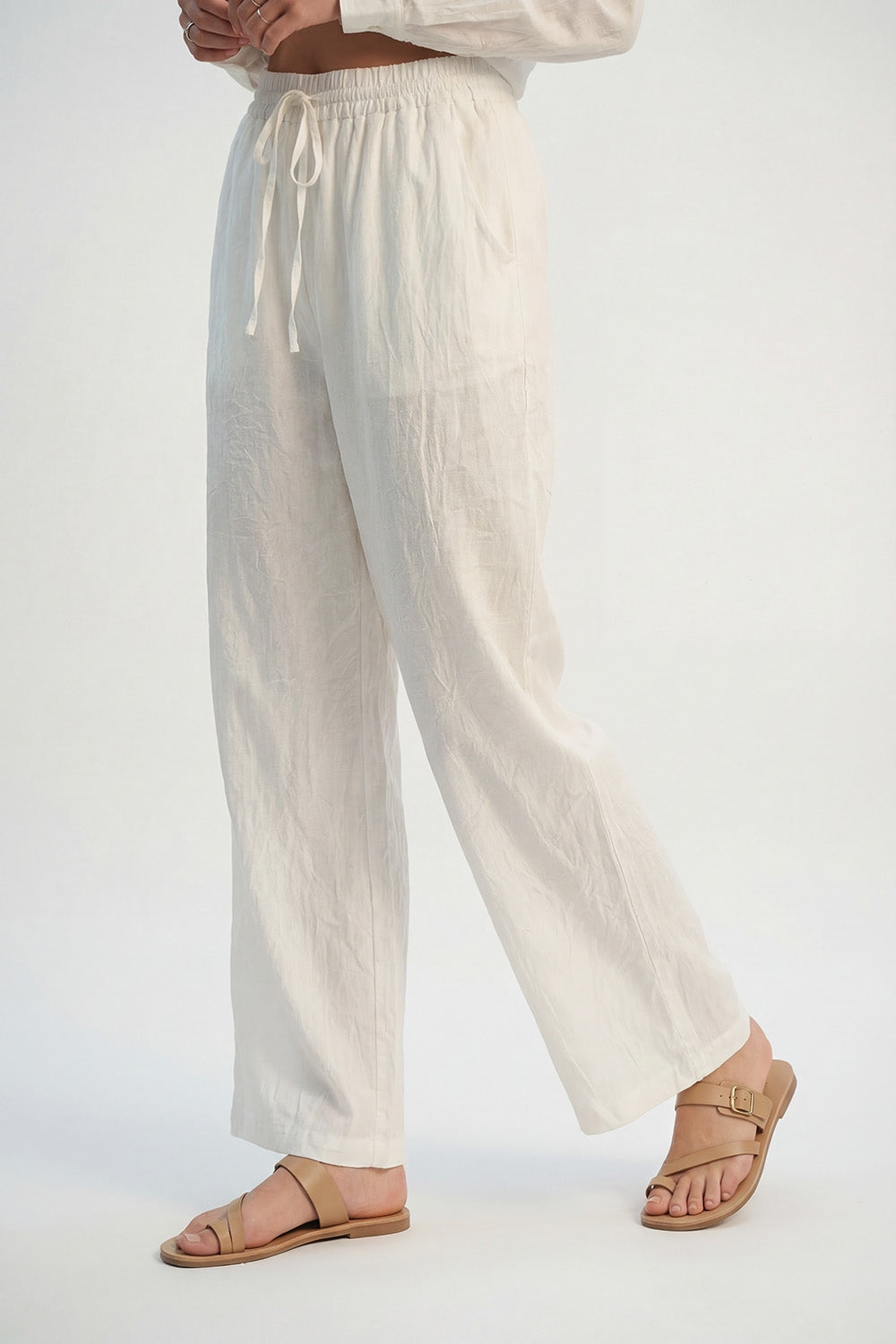 Cream Lightweight Crinkled Wide-Leg Pants with Elastic Waist