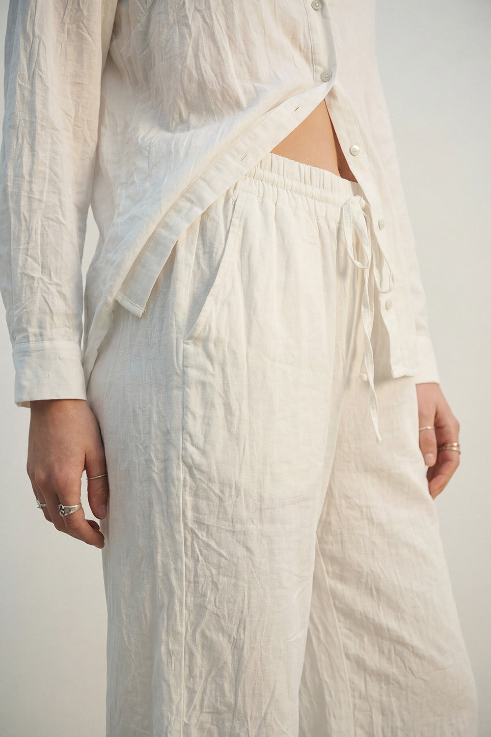 Cream Lightweight Crinkled Wide-Leg Pants with Elastic Waist - trousers