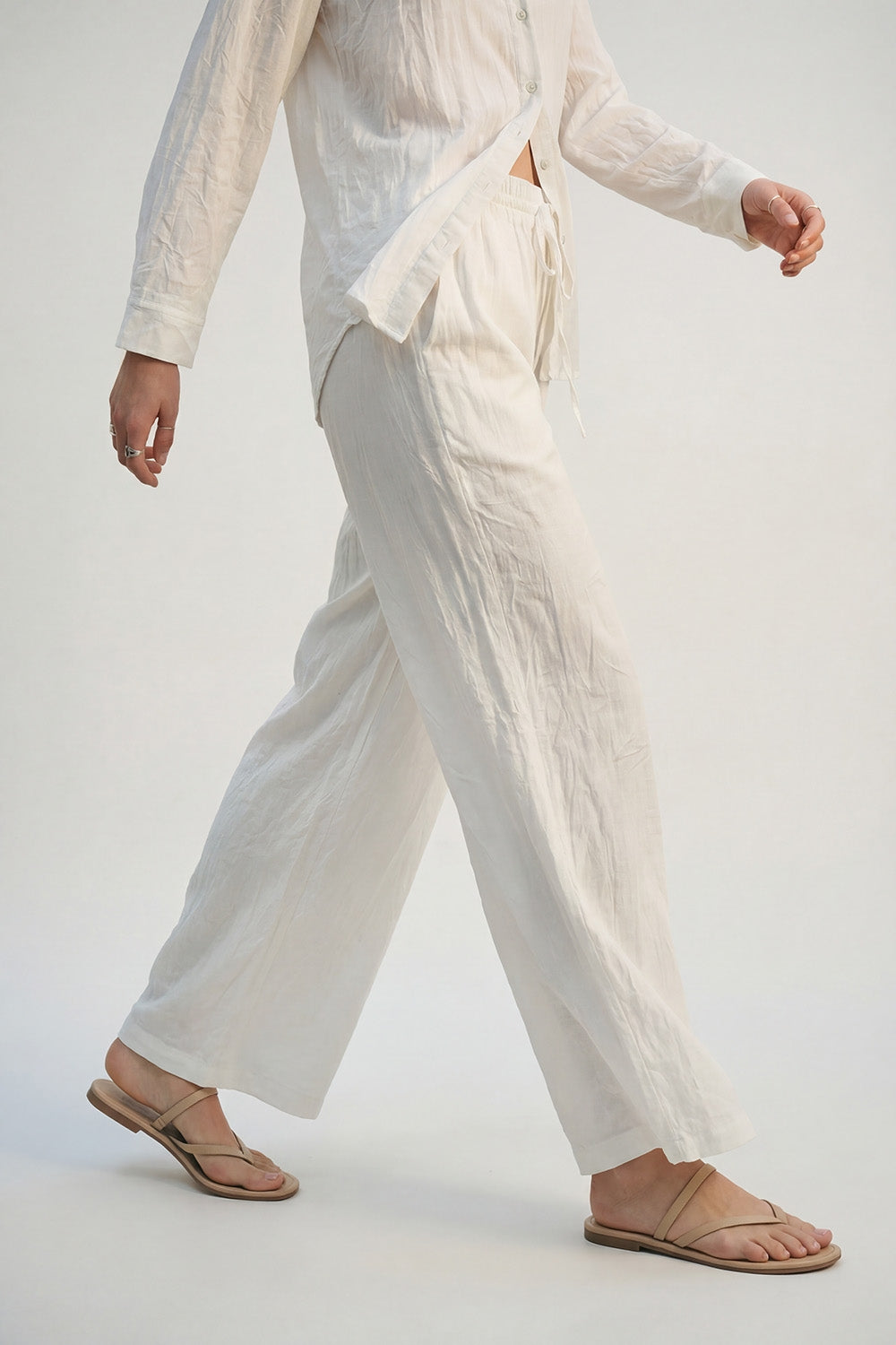 Cream Lightweight Crinkled Wide-Leg Pants with Elastic Waist - trousers