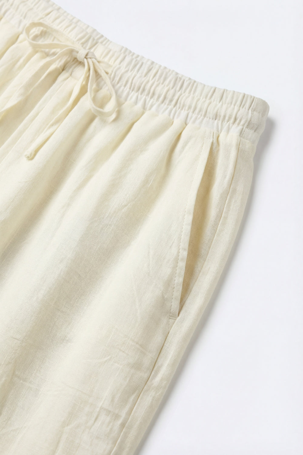 Cream Lightweight Crinkled Wide-Leg Pants with Elastic Waist - trousers