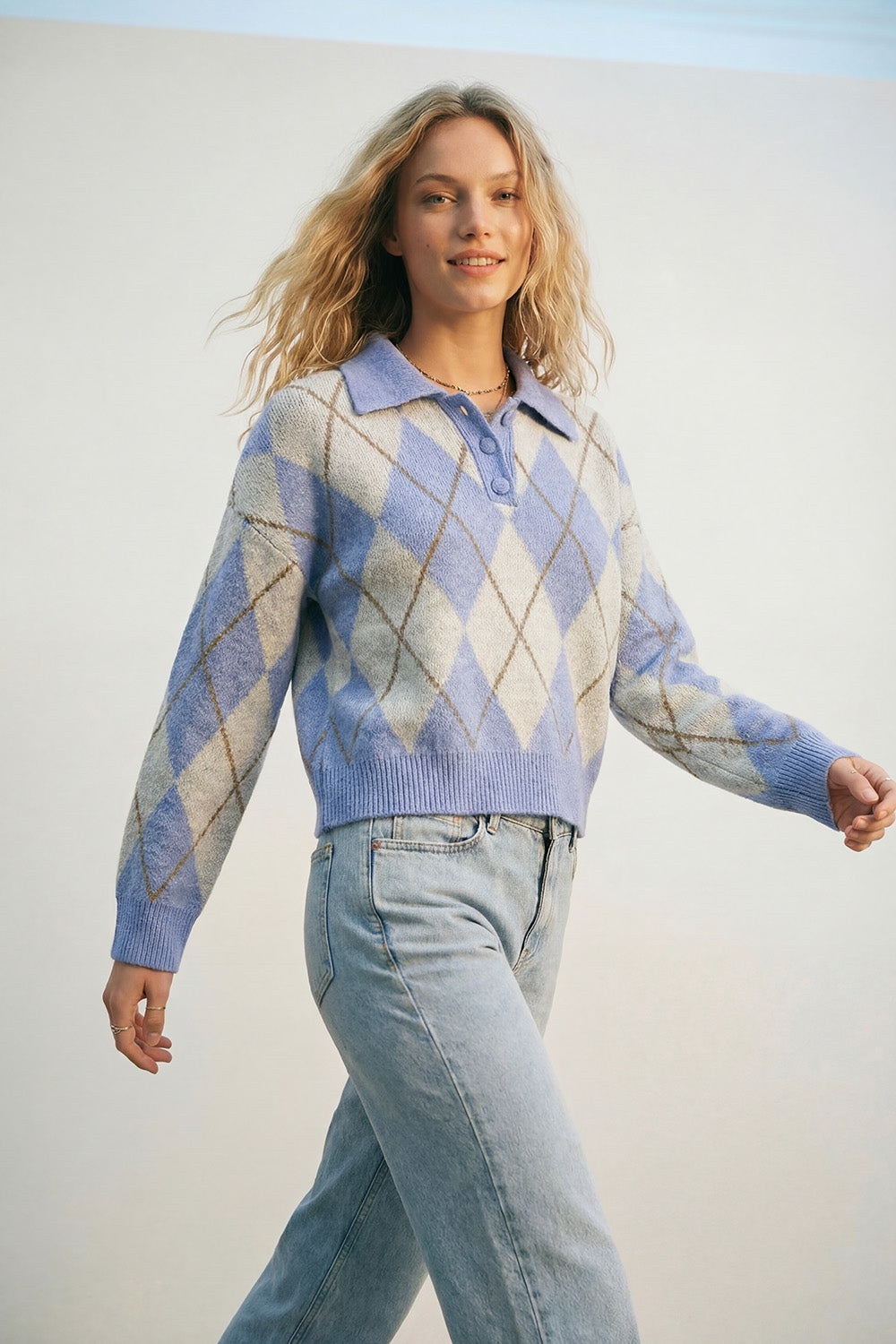 Fluffy Argyle Knit Sweater in blue with Polo Collar - jumper