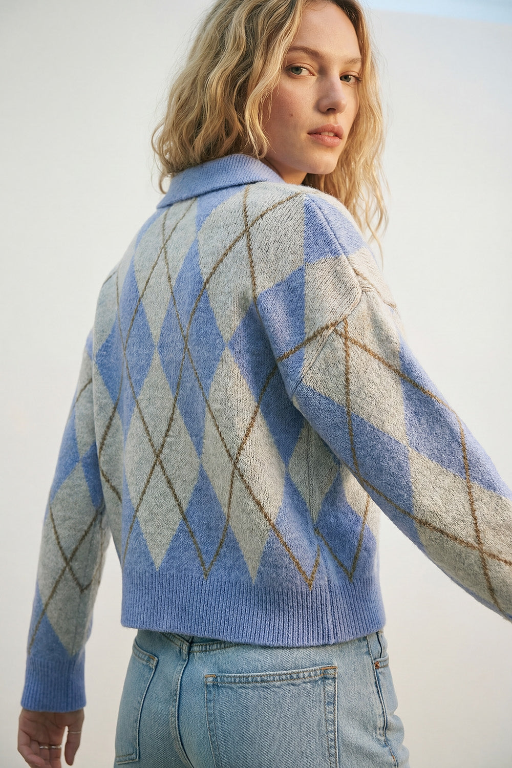 Fluffy Argyle Knit Sweater in blue with Polo Collar - jumper