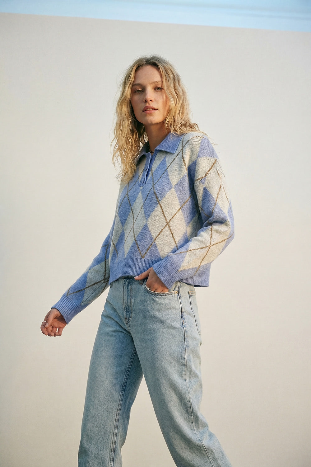 Fluffy Argyle Knit Sweater in blue with Polo Collar - jumper