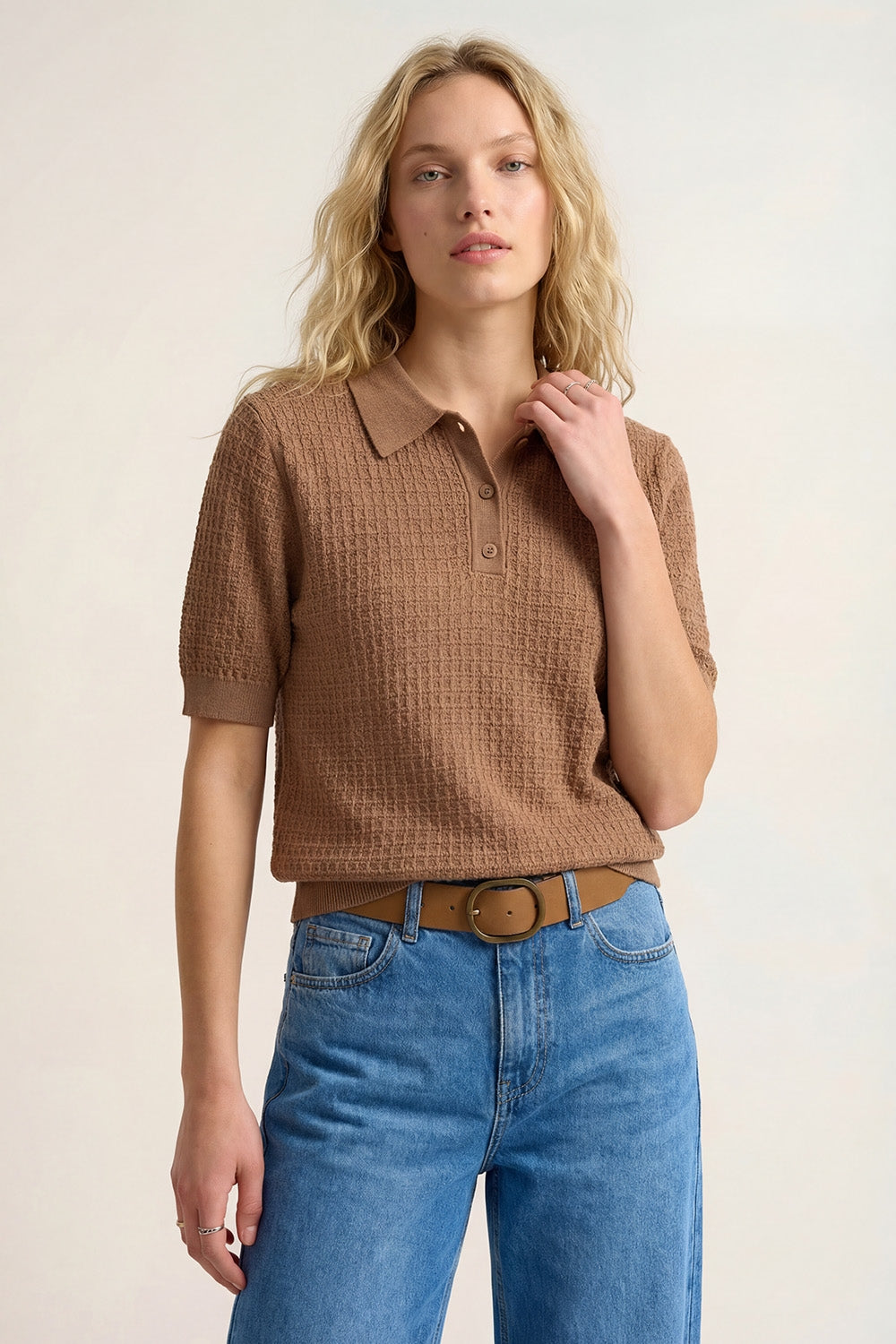 Textured Knit Polo Sweater with Short Sleeves in Camel