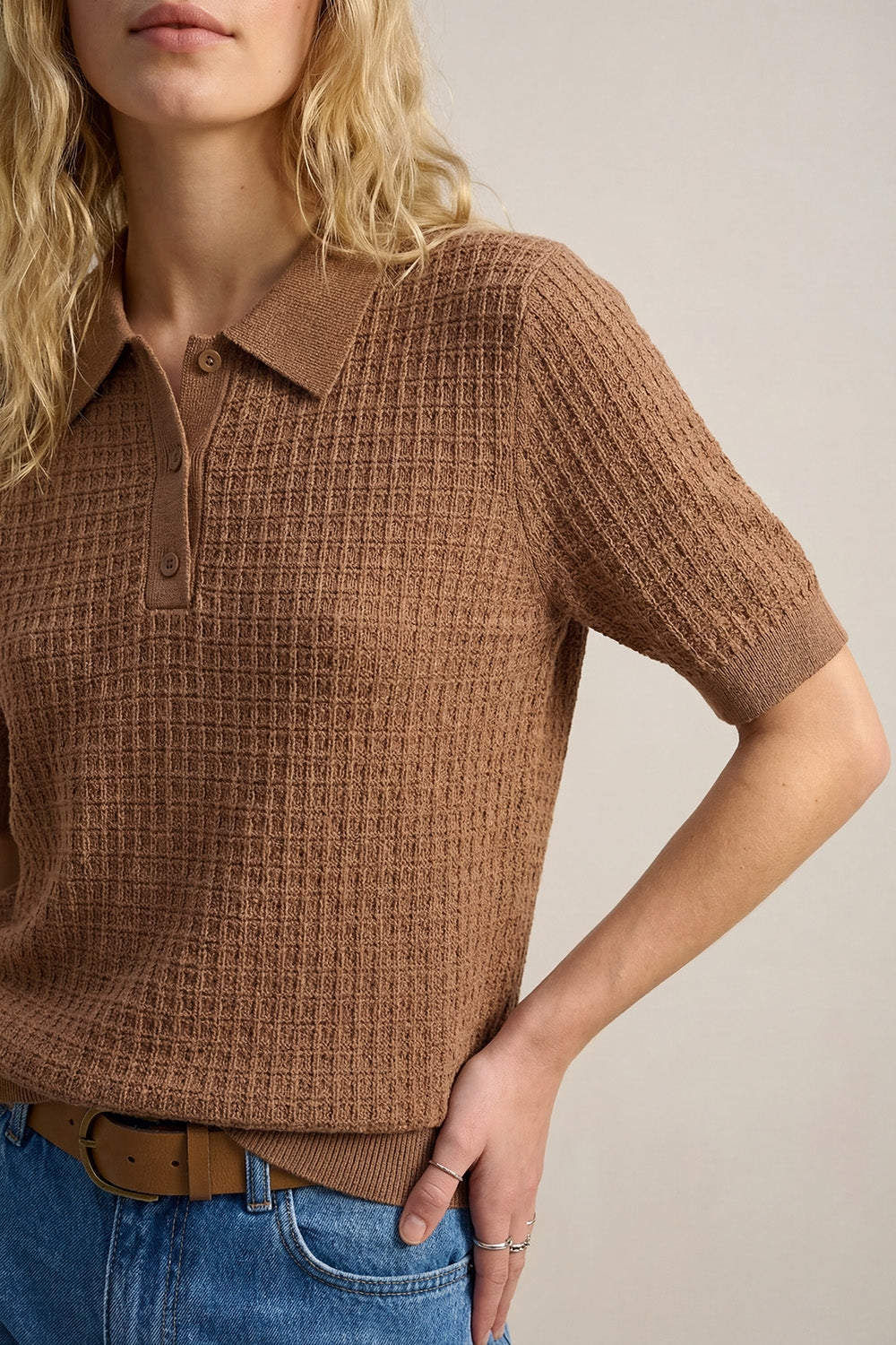 Textured Knit Polo Sweater with Short Sleeves in Camel