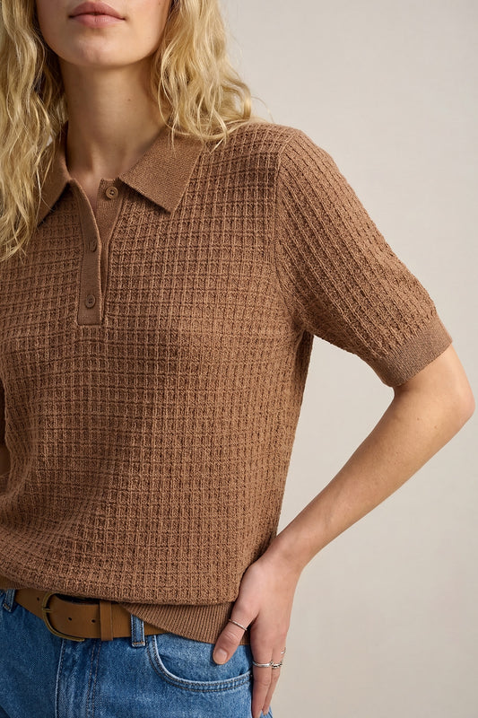 Textured Knit Polo Sweater with Short Sleeves in Camel