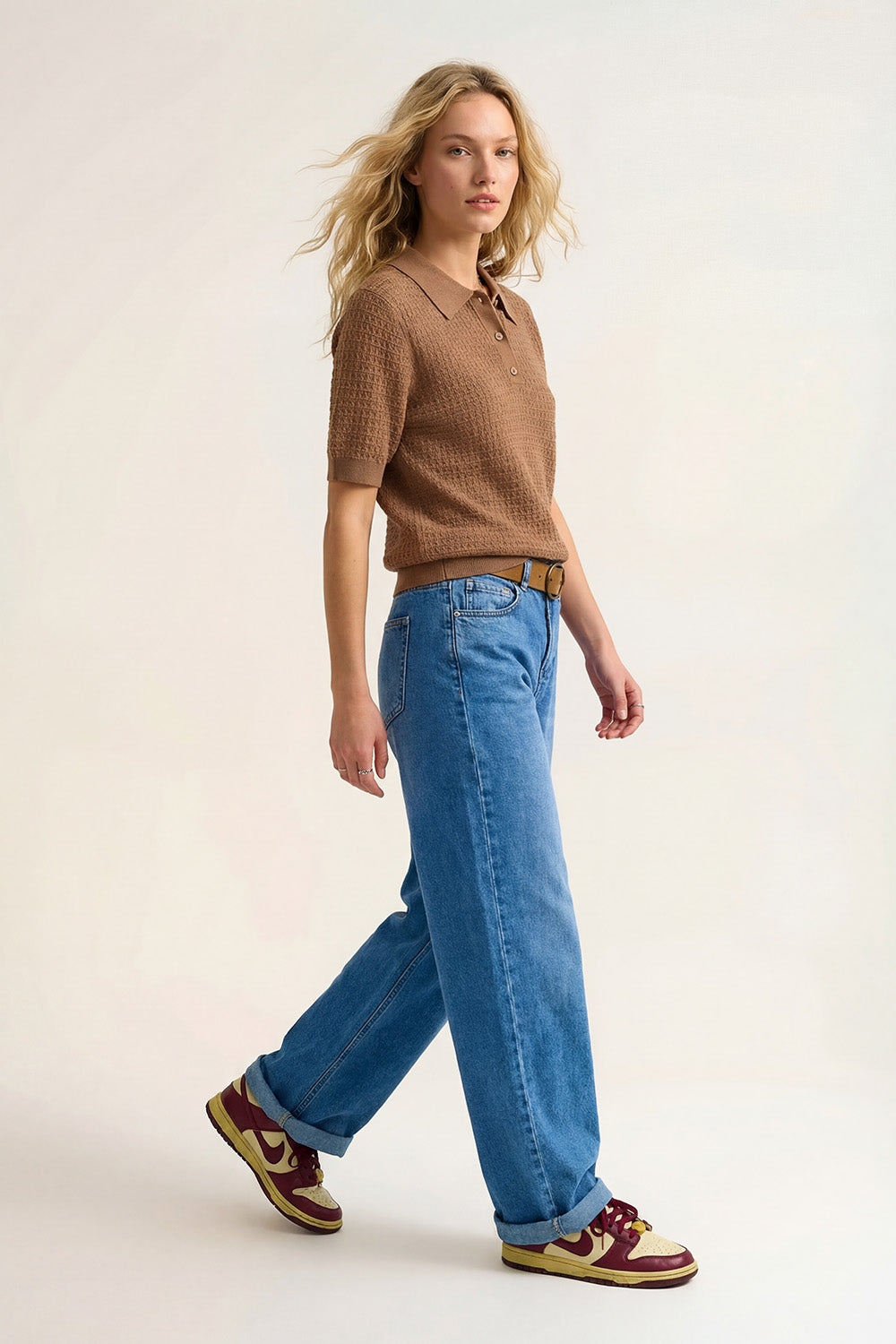 Textured Knit Polo Sweater with Short Sleeves in Camel