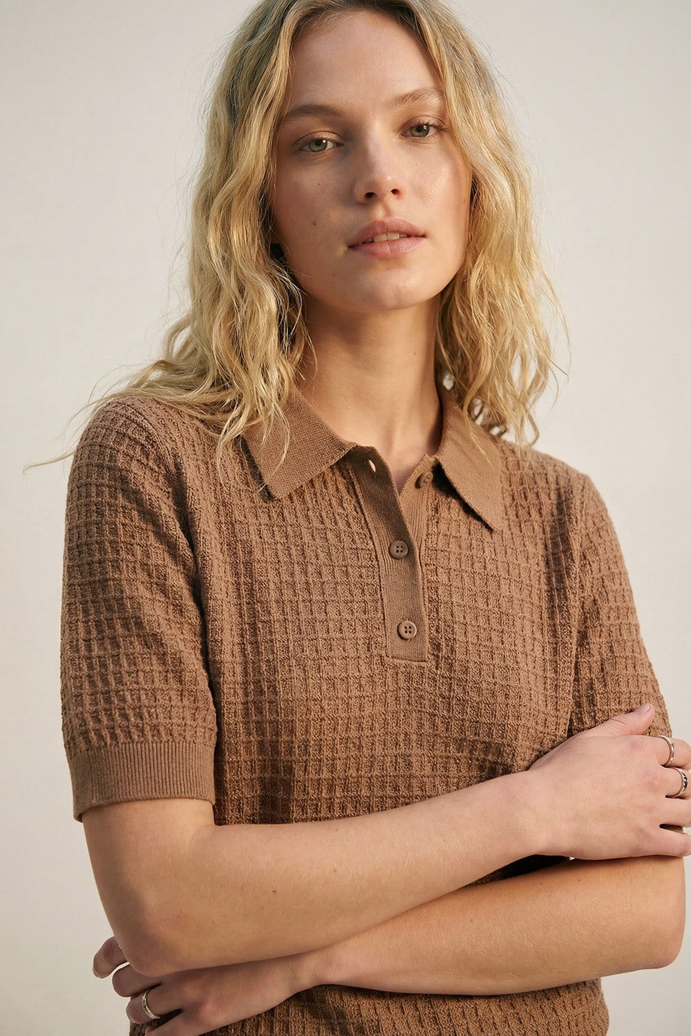 Textured Knit Polo Sweater with Short Sleeves in Camel