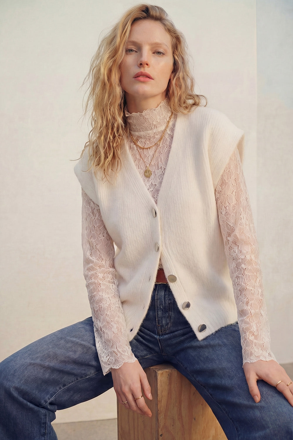 cream Sleeveless Cardigan with Lace Insert and Silver Buttons - cardigan