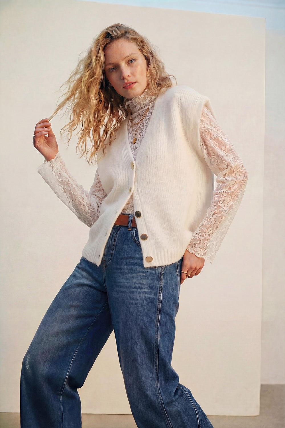 cream Sleeveless Cardigan with Lace Insert and Silver Buttons - cardigan