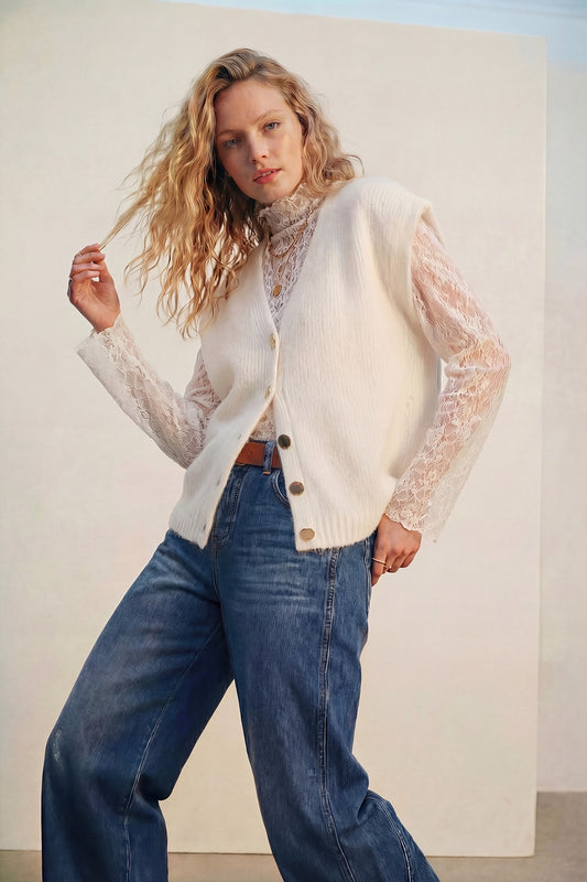 cream Sleeveless Cardigan with Lace Insert and Silver Buttons - cardigan