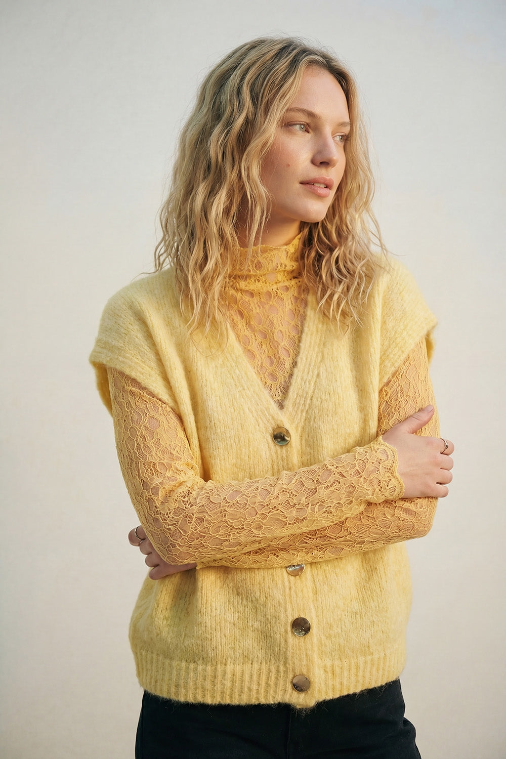 Yellow Sleeveless Cardigan with Lace Insert and Silver Buttons - cardigan